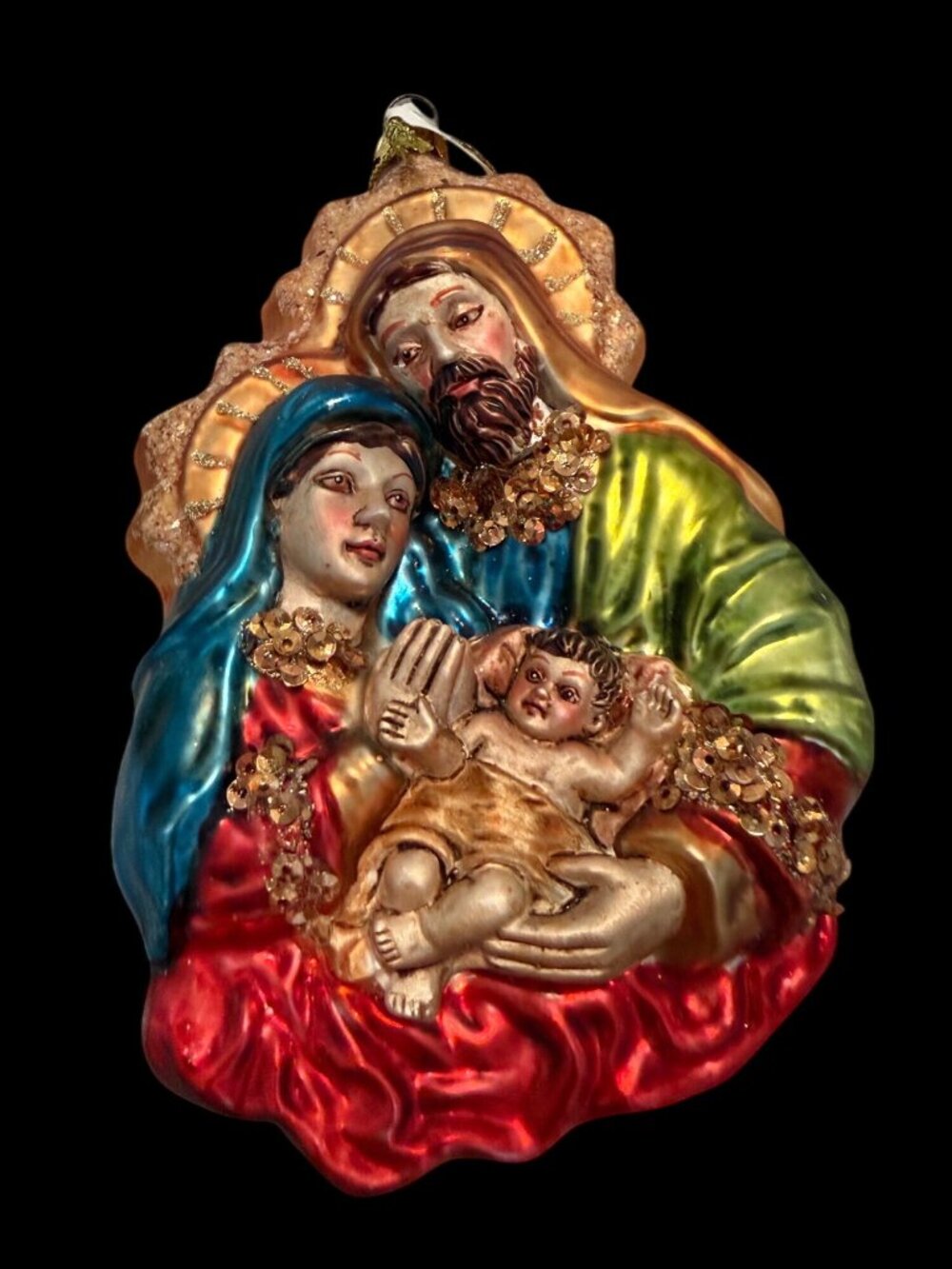 NWT Holy Family Mercury Glass  HandPainted Ornament Glitter 2011 Tree decor gift